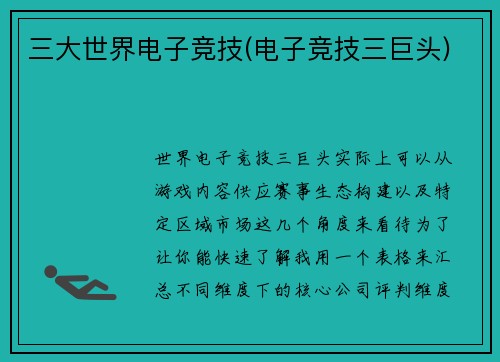 三大世界电子竞技(电子竞技三巨头)